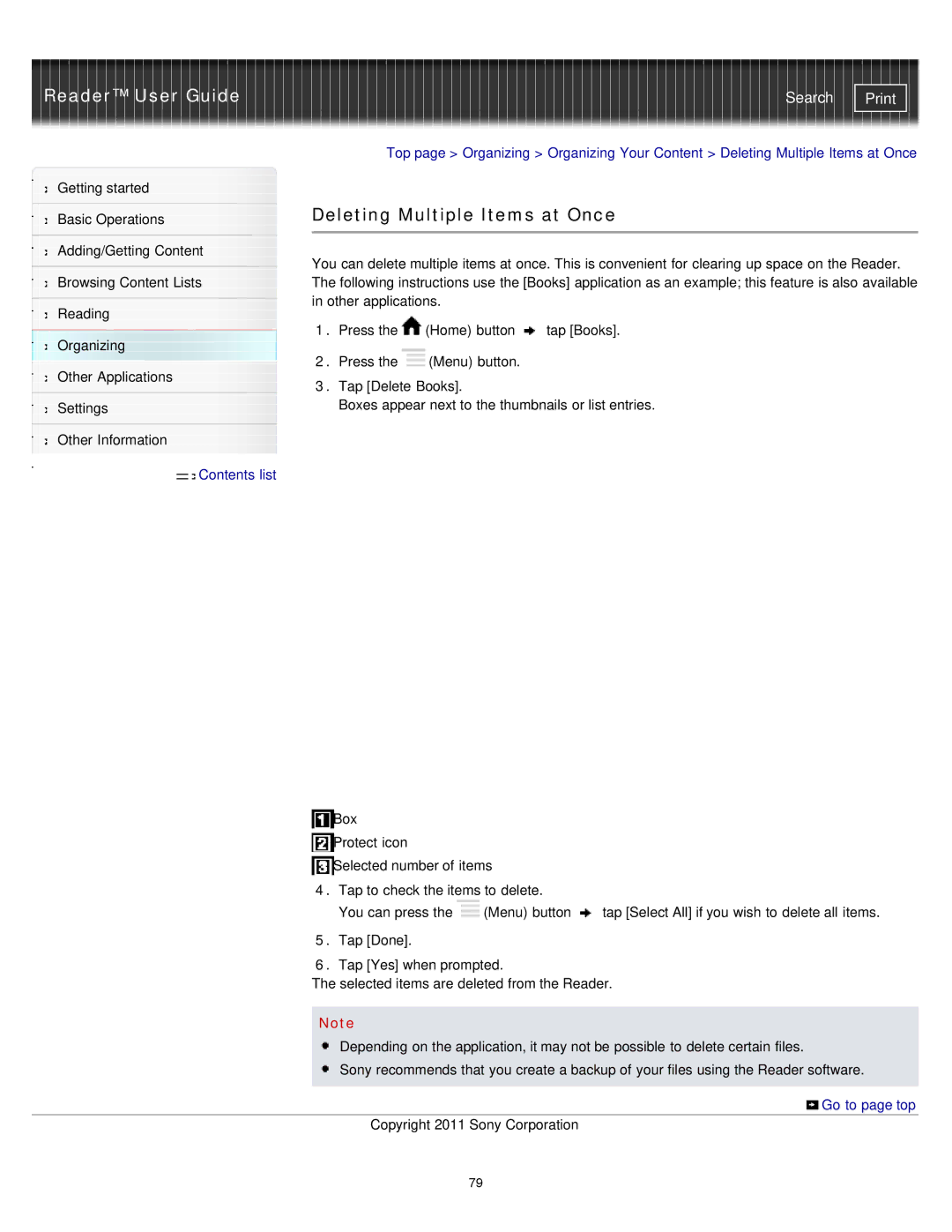 Sony PRS-T1RC, PRS-T1WC manual Deleting Multiple Items at Once 