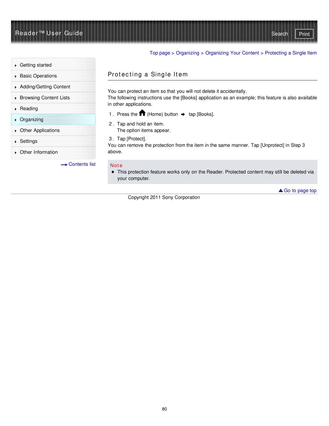 Sony PRS-T1WC, PRS-T1RC manual Protecting a Single Item 