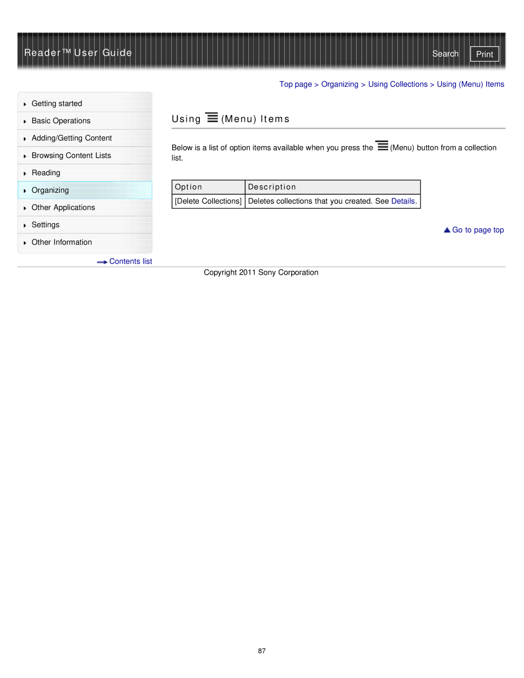 Sony PRS-T1RC, PRS-T1WC manual Top page Organizing Using Collections Using Menu Items 