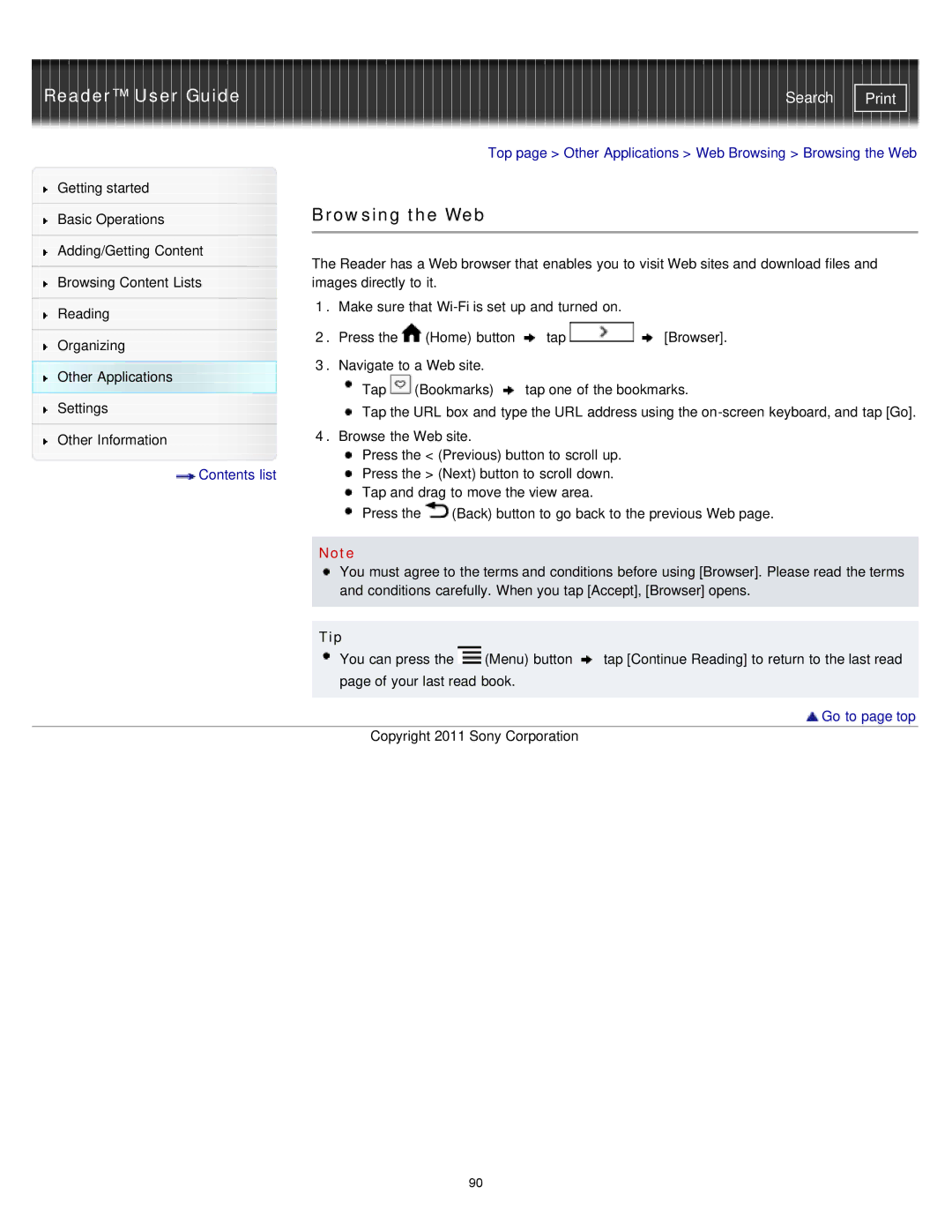 Sony PRS-T1RC, PRS-T1WC manual Browsing the Web, Tip 