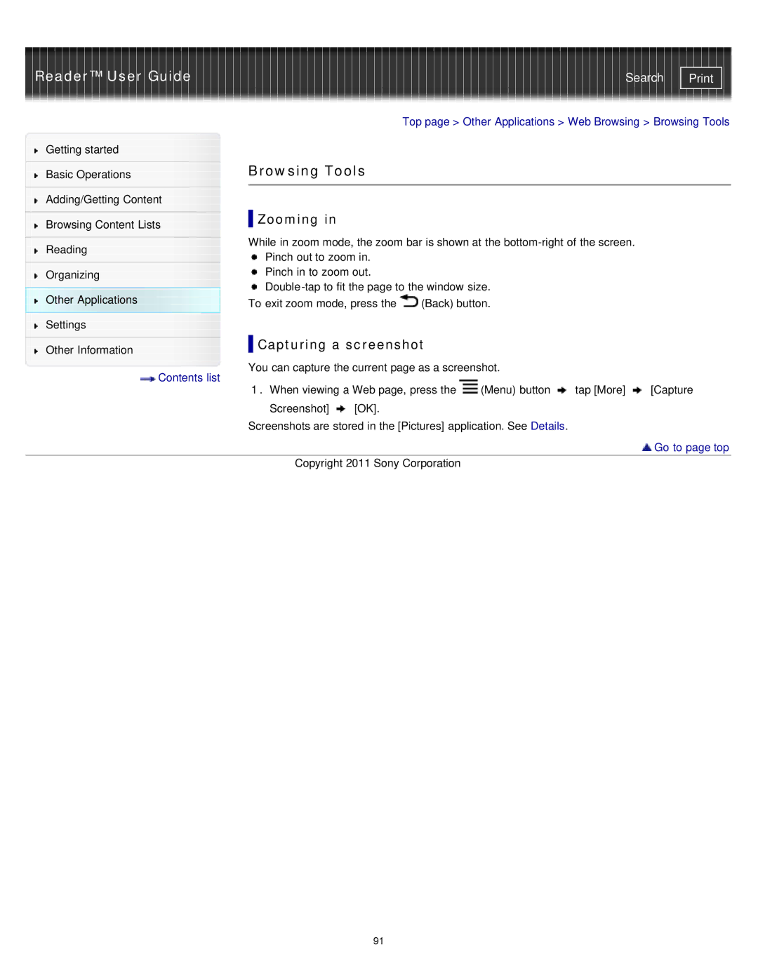 Sony PRS-T1RC, PRS-T1WC manual Browsing Tools, Capturing a screenshot 