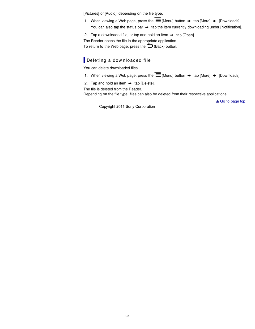 Sony PRS-T1RC, PRS-T1WC manual Deleting a downloaded file, Pictures or Audio, depending on the file type 