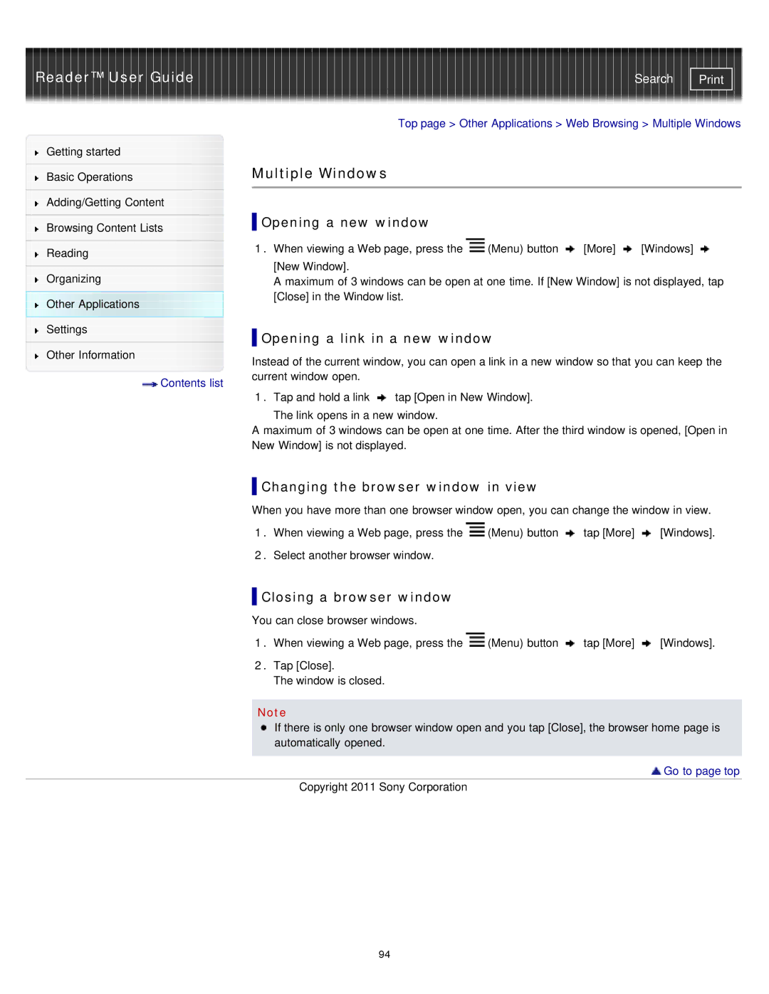 Sony PRS-T1RC Multiple Windows, Opening a new window, Opening a link in a new window, Changing the browser window in view 