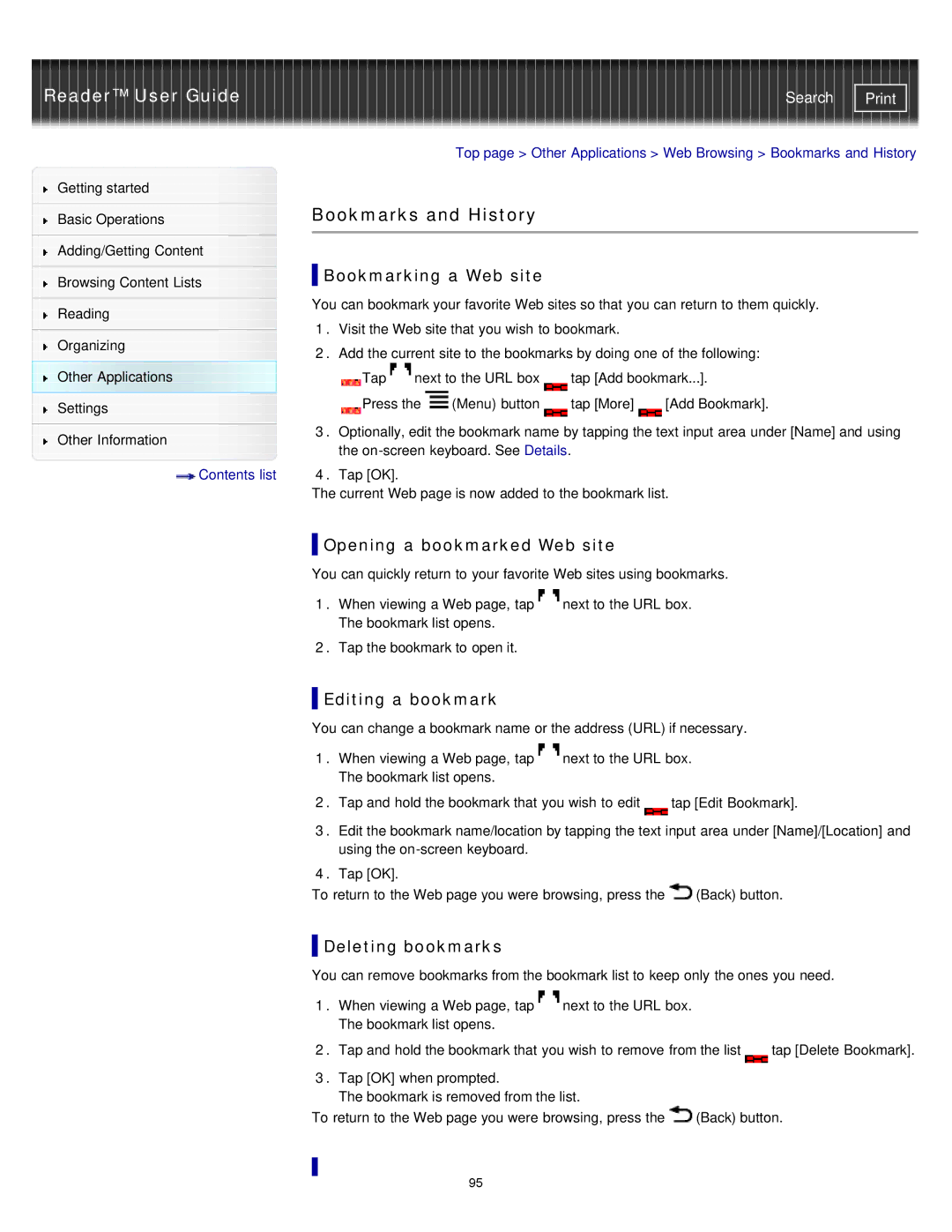 Sony PRS-T1WC, PRS-T1RC Bookmarks and History, Bookmarking a Web site, Opening a bookmarked Web site, Editing a bookmark 