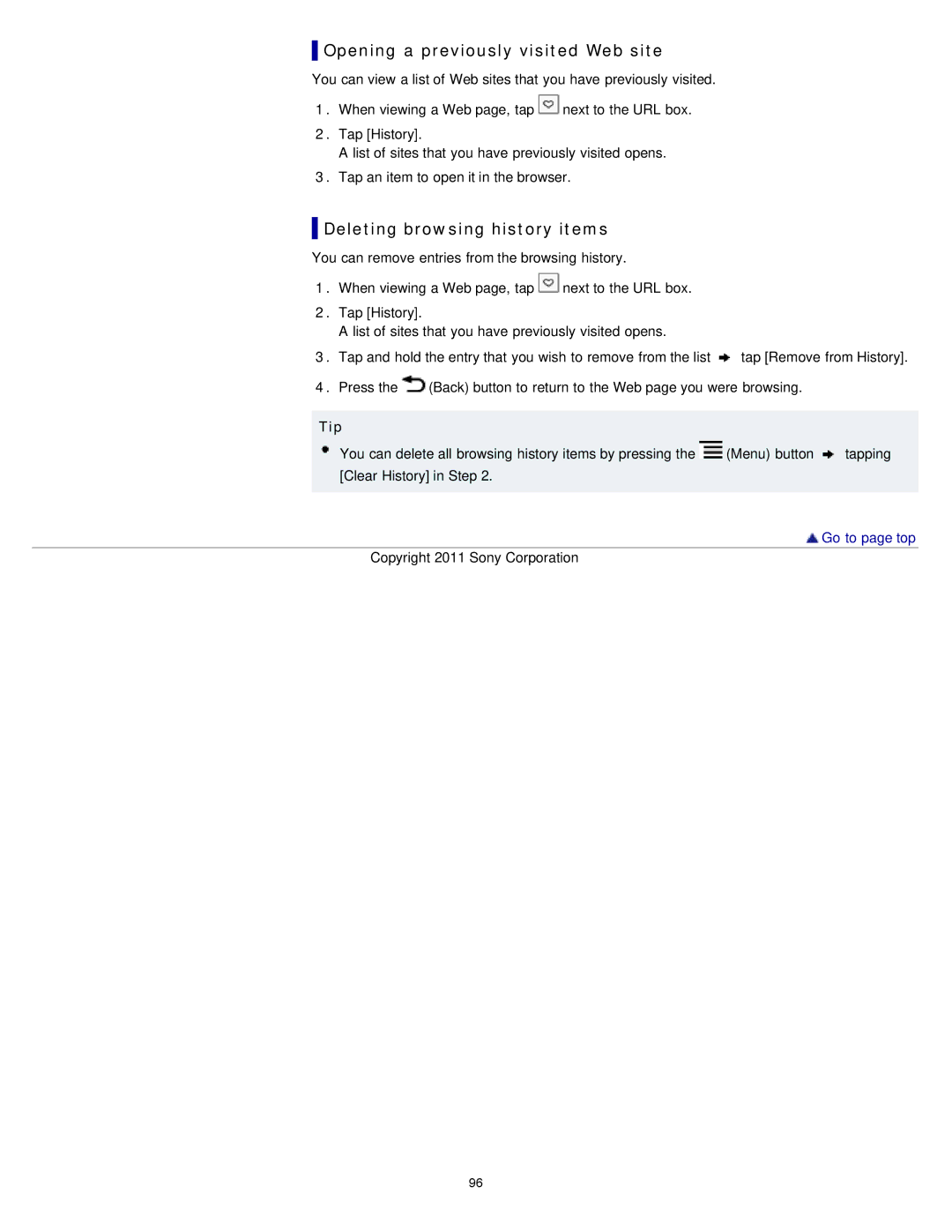 Sony PRS-T1RC, PRS-T1WC manual Opening a previously visited Web site, Deleting browsing history items 