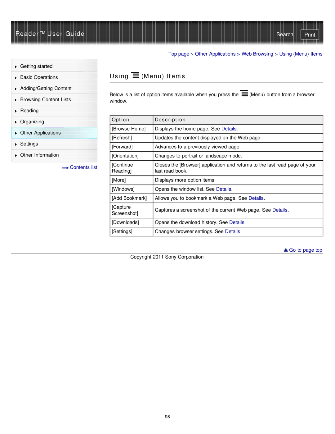 Sony PRS-T1WC, PRS-T1RC manual Top page Other Applications Web Browsing Using Menu Items 