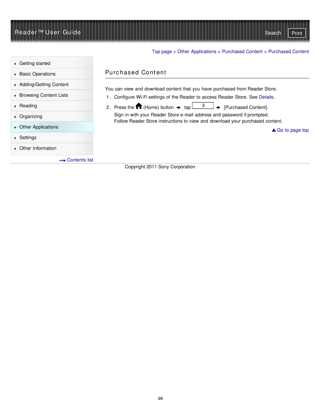 Sony PRS-T1RC, PRS-T1WC manual Purchased Content 