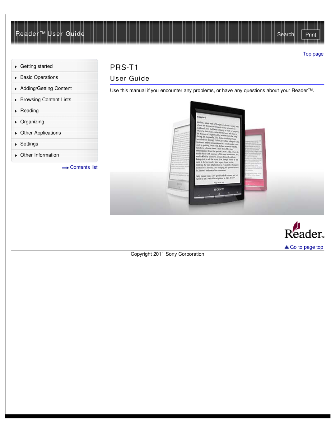 Sony PRS-T1RC, PRS-T1WC manual Reader User Guide, Search, Print, Contents list, Top page, Go to page top 