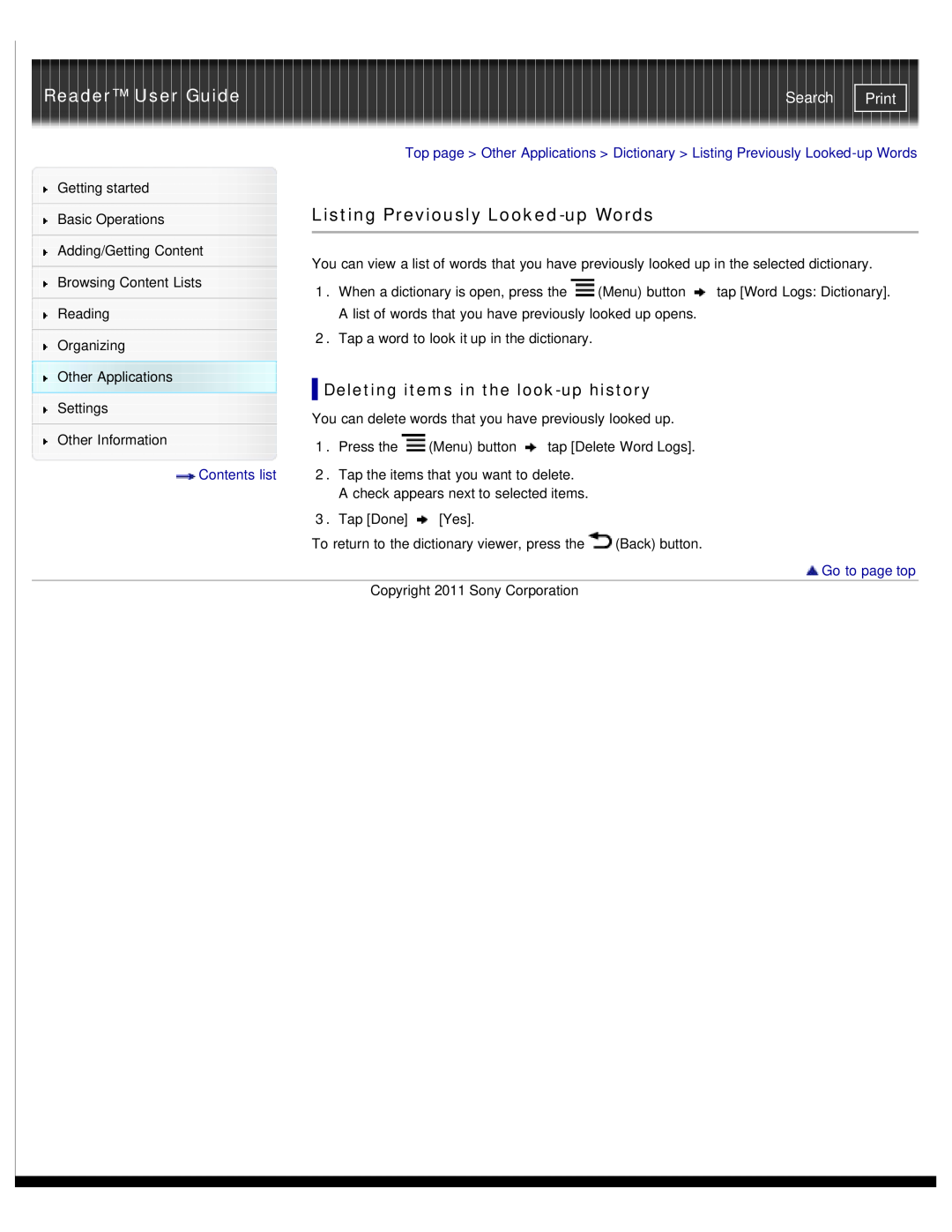 Sony PRS-T1RC Listing Previously Looked-up Words, Deleting items in the look-up history, Reader User Guide, Search, Print 