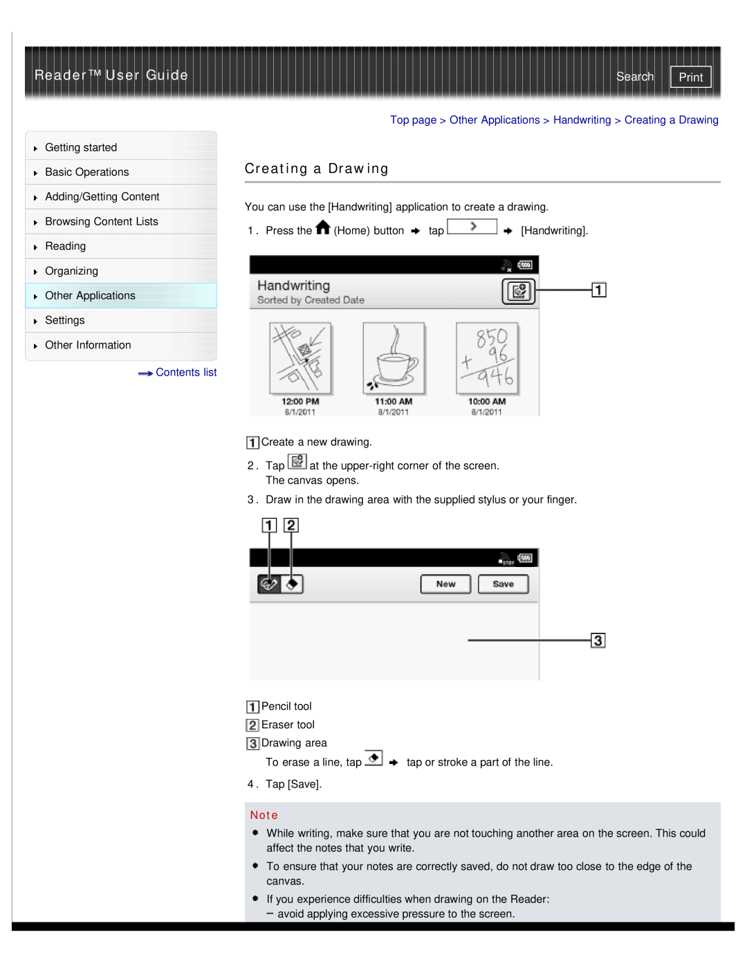 Sony PRS-T1RC, PRS-T1WC manual Creating a Drawing, Reader User Guide, Search, Print, Contents list 