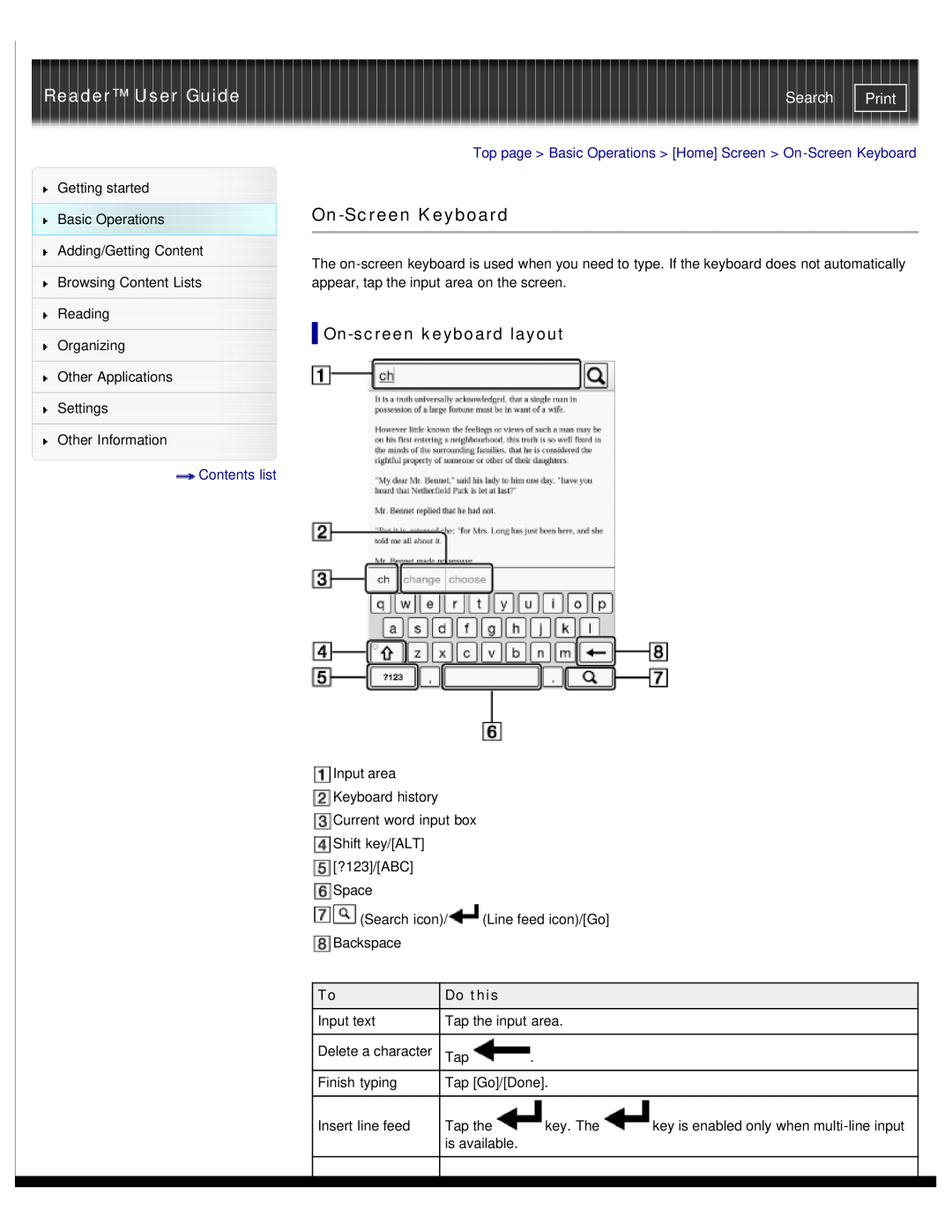 Sony PRS-T1RC On-Screen Keyboard, On-screen keyboard layout, Reader User Guide, Search, Print, Contents list, Do this 