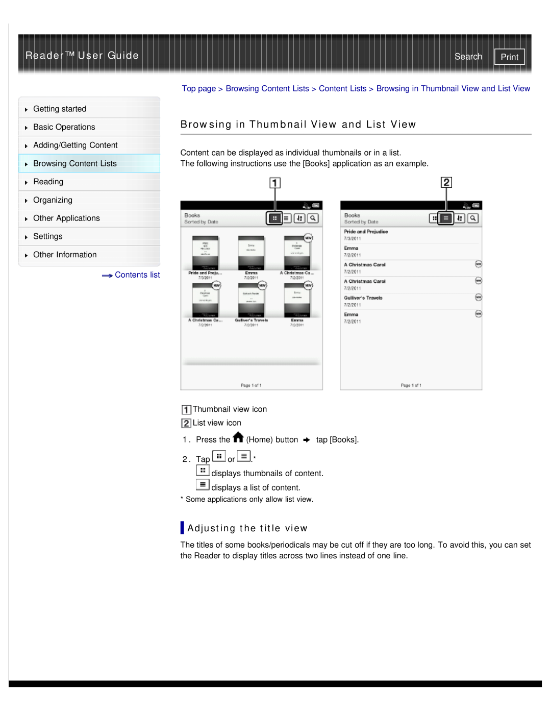 Sony PRS-T1RC Browsing in Thumbnail View and List View, Adjusting the title view, Reader User Guide, Search, Print 