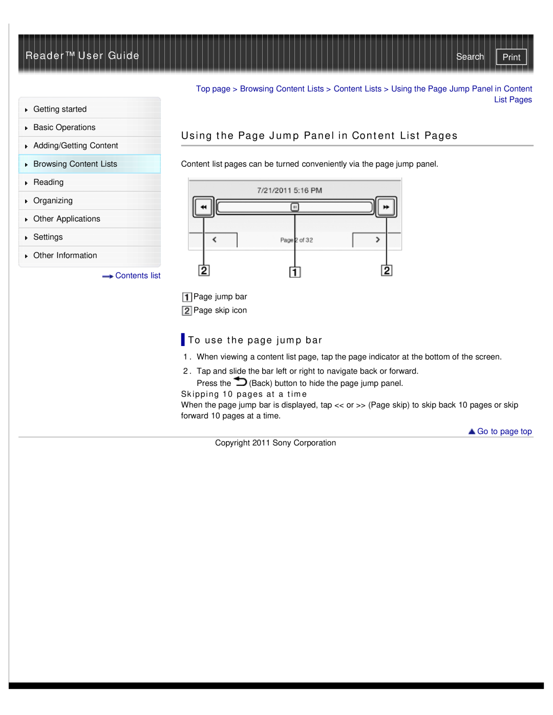 Sony PRS-T1WC Using the Page Jump Panel in Content List Pages, To use the page jump bar, Reader User Guide, Search, Print 