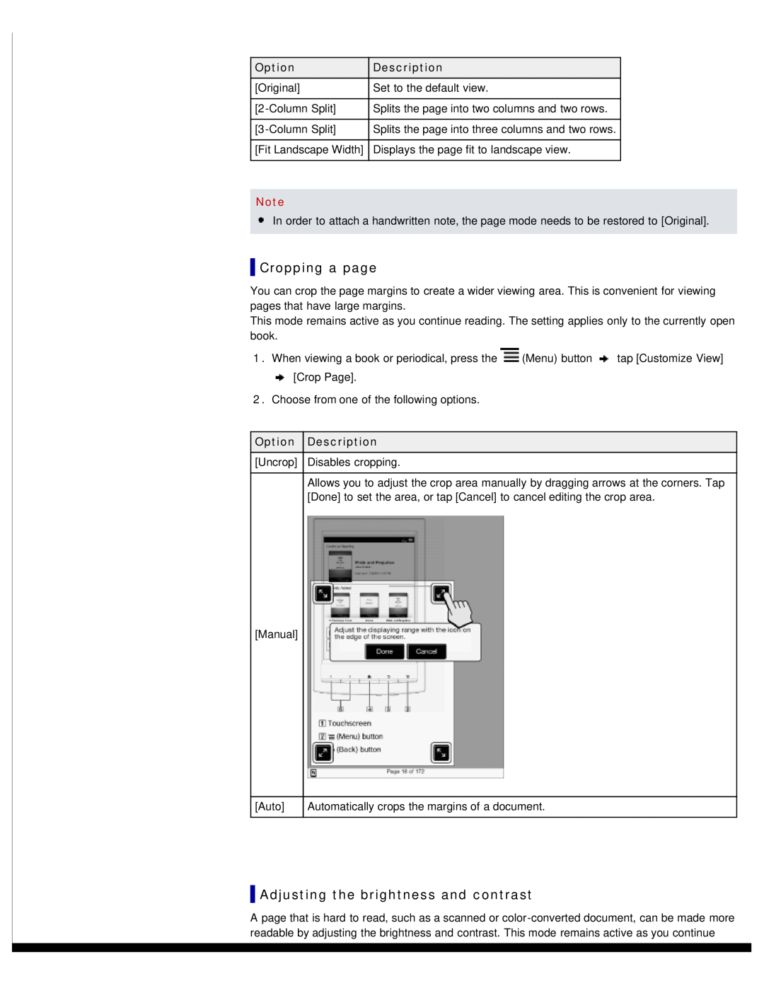 Sony PRS-T1WC, PRS-T1RC manual Cropping a page, Adjusting the brightness and contrast, Option Description 