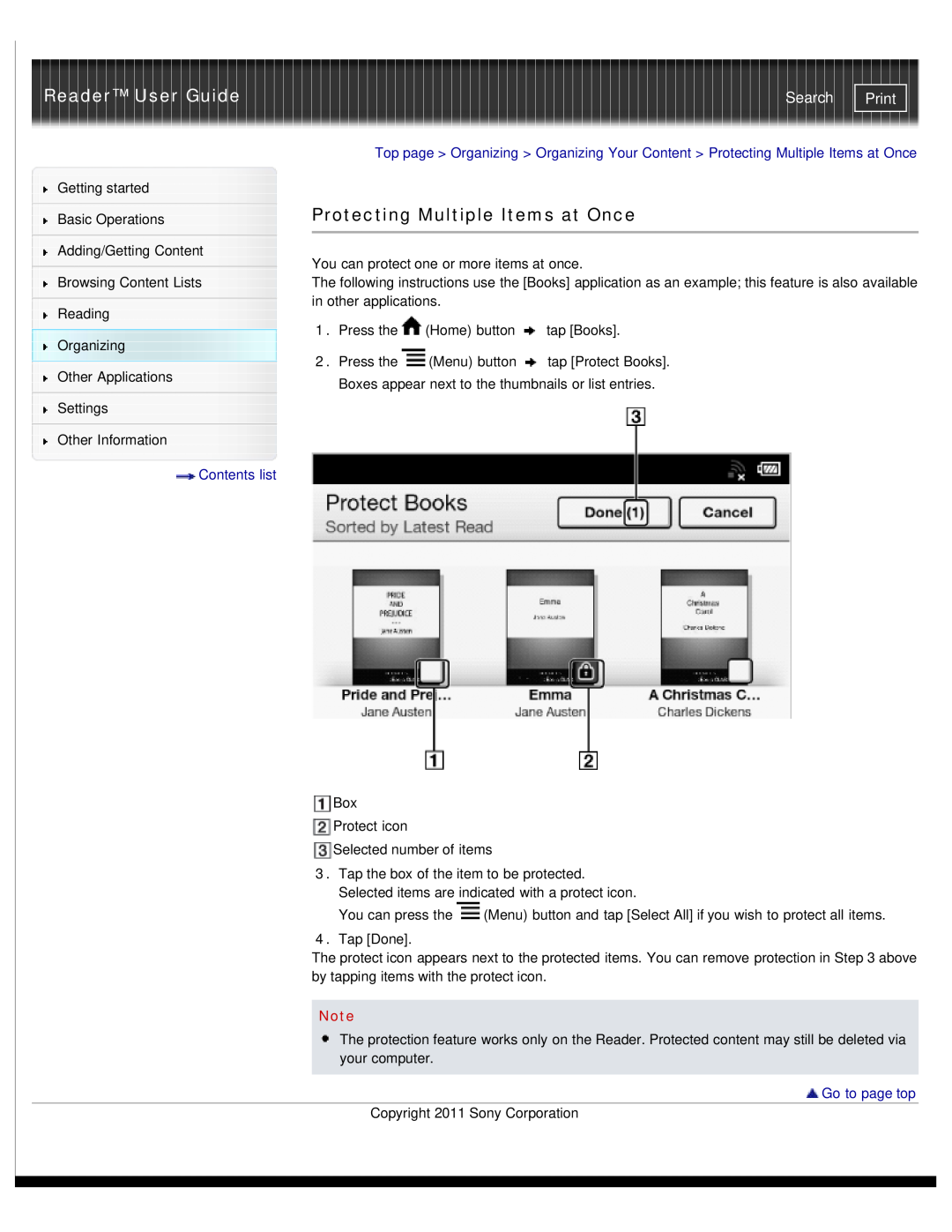 Sony PRS-T1RC manual Protecting Multiple Items at Once, Reader User Guide, Search, Print, Contents list, Go to page top 