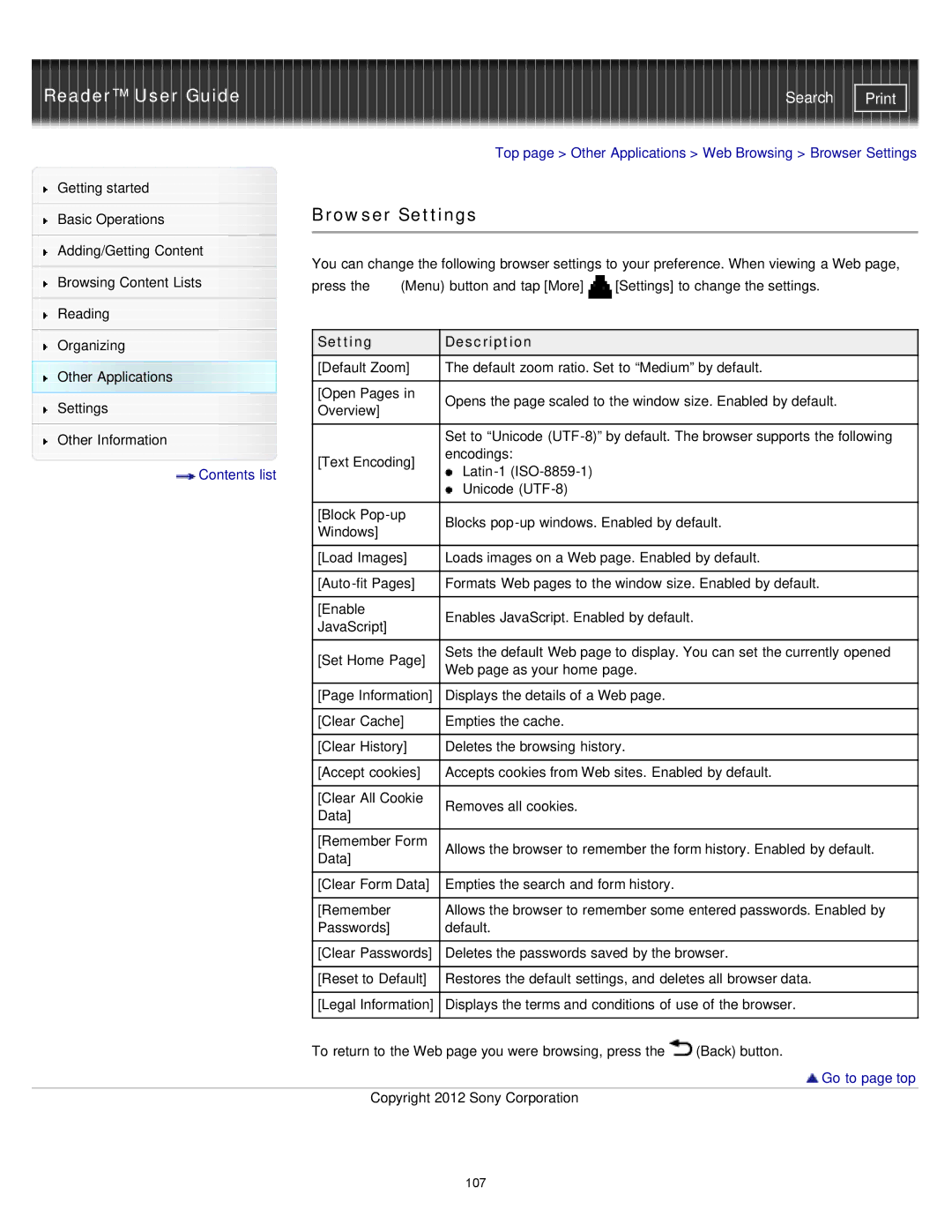 Sony PRS-T2, PRST2WC, PRST2BC manual Browser Settings, Setting Description 