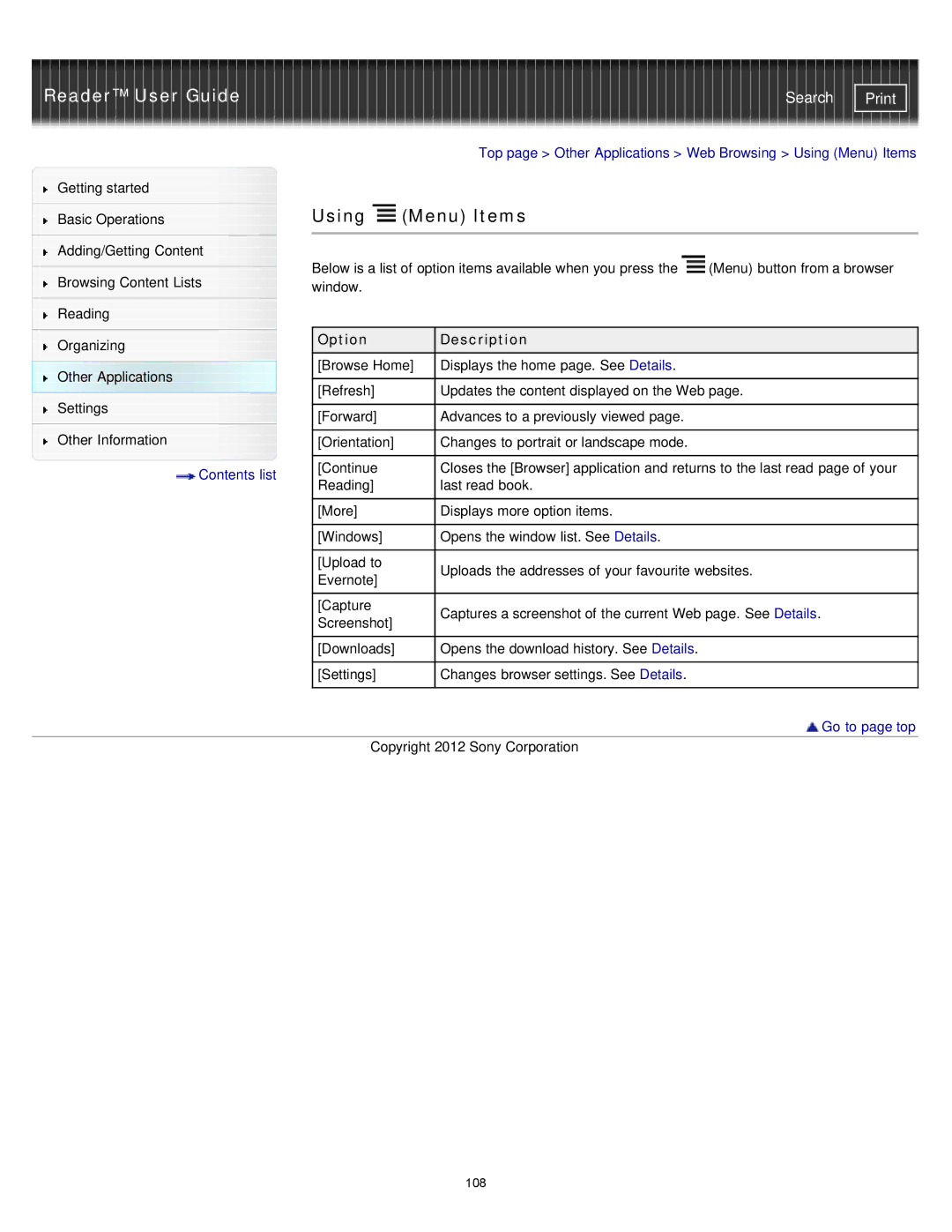 Sony PRST2WC, PRST2BC, PRS-T2 manual Top page Other Applications Web Browsing Using Menu Items 