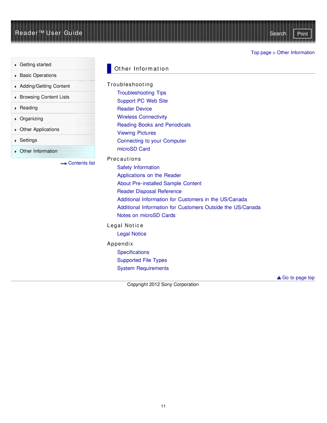 Sony PRS-T2, PRST2WC, PRST2BC manual Other Information, Troubleshooting, Precautions, Legal Notice, Appendix 