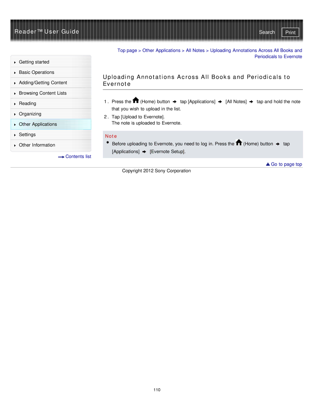 Sony PRS-T2, PRST2WC, PRST2BC manual Uploading Annotations Across All Books and Periodicals to, Evernote 