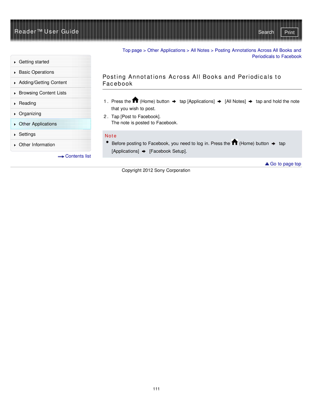 Sony PRST2WC, PRST2BC, PRS-T2 manual Posting Annotations Across All Books and Periodicals to, Facebook 