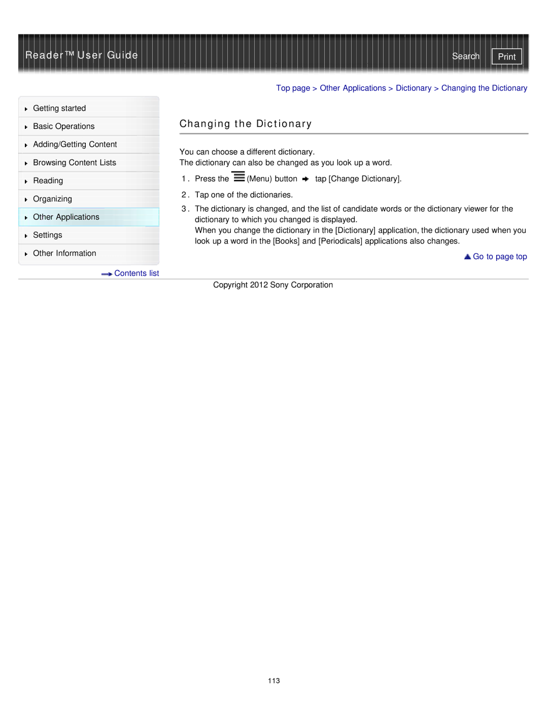 Sony PRS-T2, PRST2WC, PRST2BC manual Changing the Dictionary 