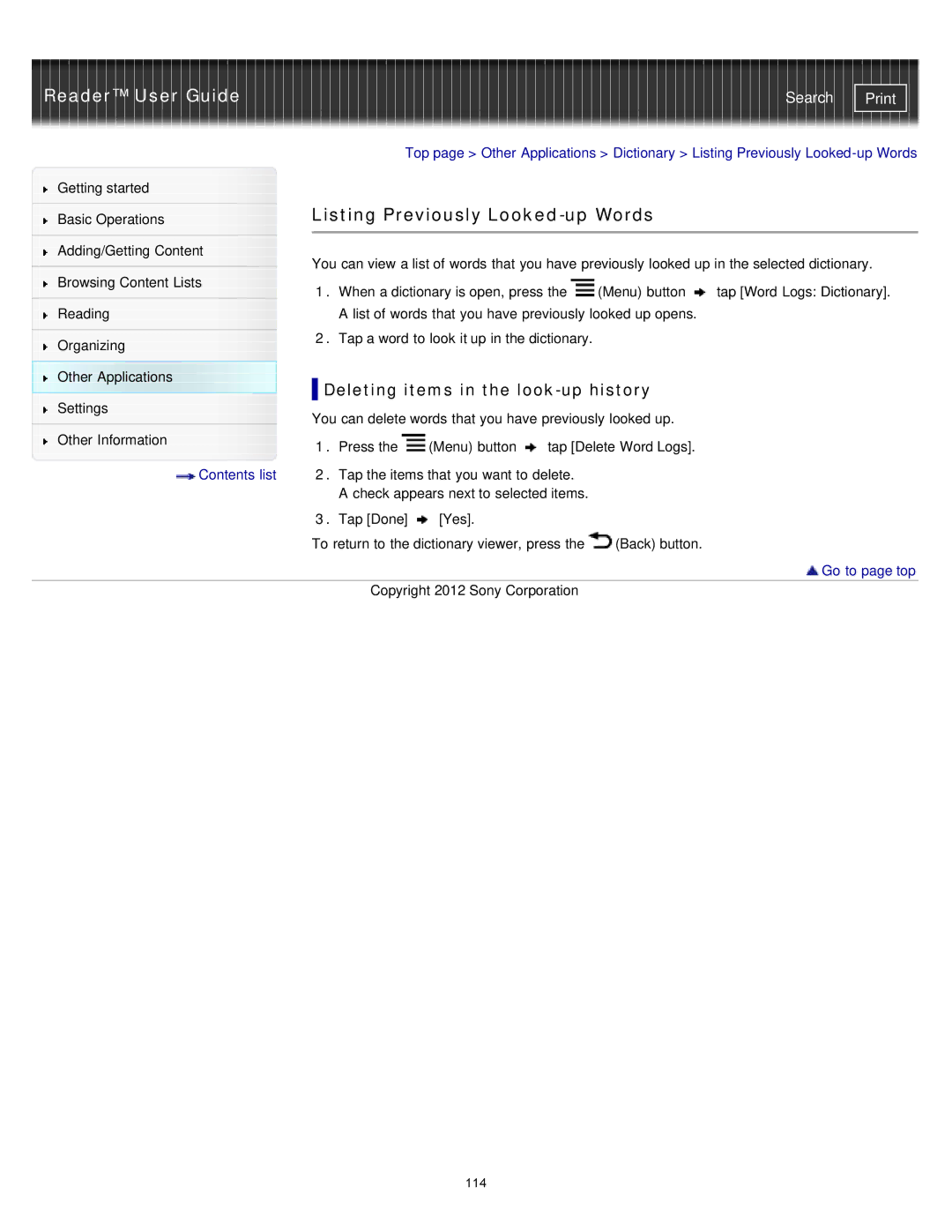 Sony PRST2WC, PRST2BC, PRS-T2 manual Listing Previously Looked-up Words, Deleting items in the look-up history 