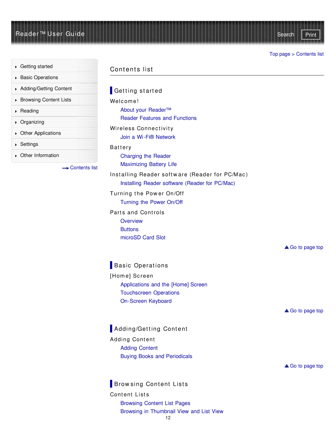 Sony PRST2WC, PRST2BC, PRS-T2 manual Contents list 