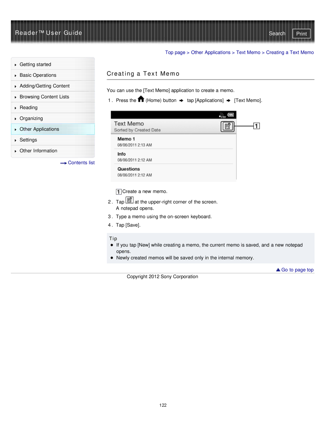 Sony PRS-T2, PRST2WC, PRST2BC manual Creating a Text Memo, Tip 