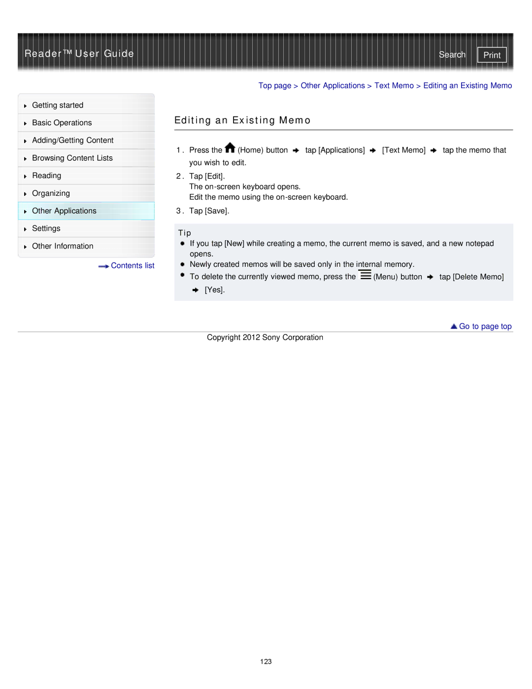 Sony PRST2WC, PRST2BC, PRS-T2 manual Editing an Existing Memo 