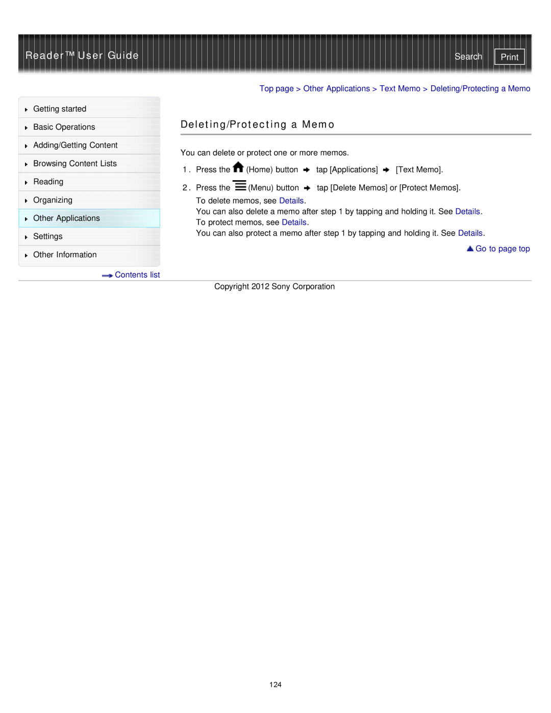 Sony PRST2BC, PRST2WC, PRS-T2 manual Deleting/Protecting a Memo 