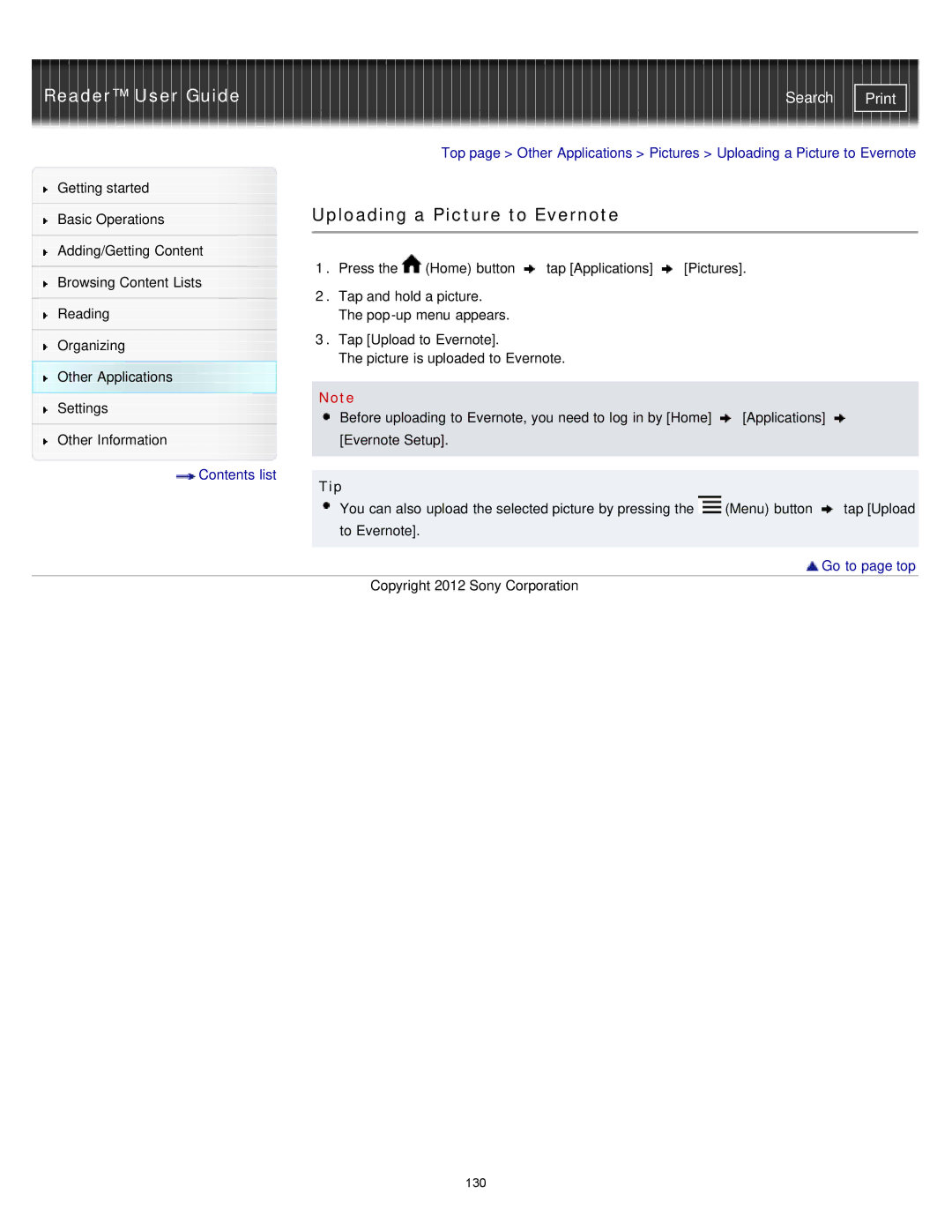 Sony PRST2BC, PRST2WC, PRS-T2 manual Uploading a Picture to Evernote 