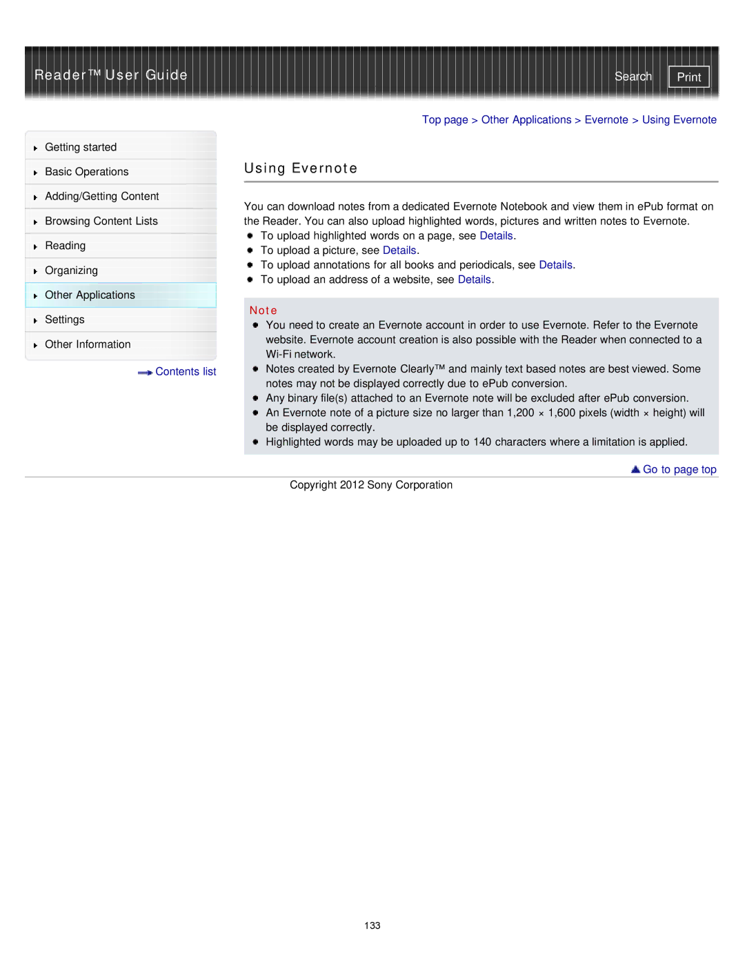 Sony PRST2BC, PRST2WC, PRS-T2 manual Using Evernote 