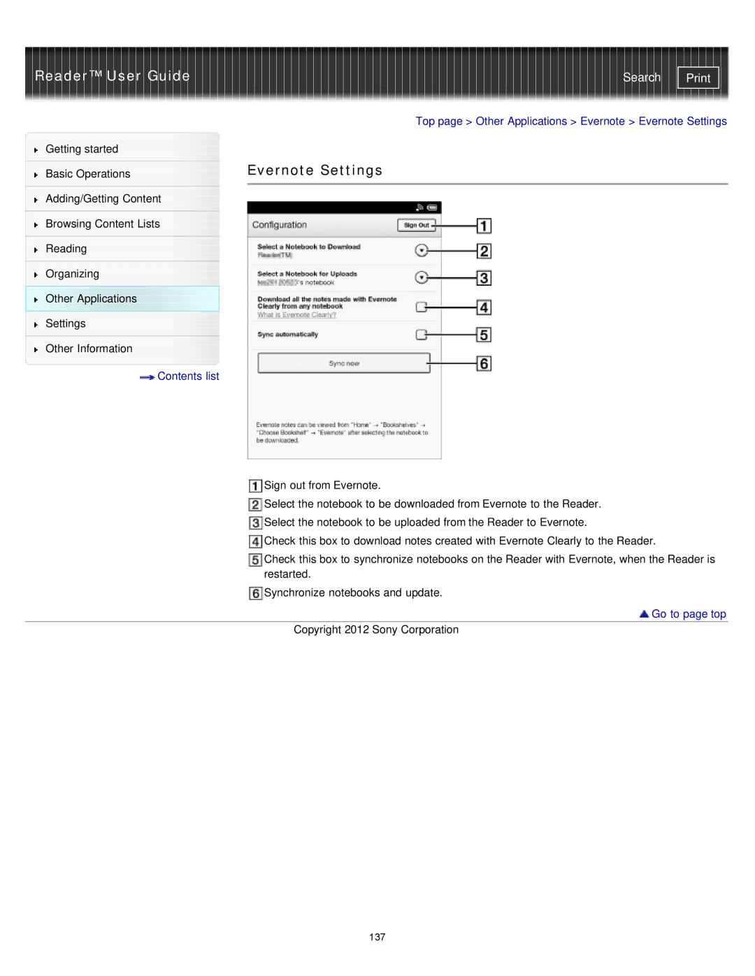 Sony PRS-T2, PRST2WC, PRST2BC manual Top page Other Applications Evernote Evernote Settings 