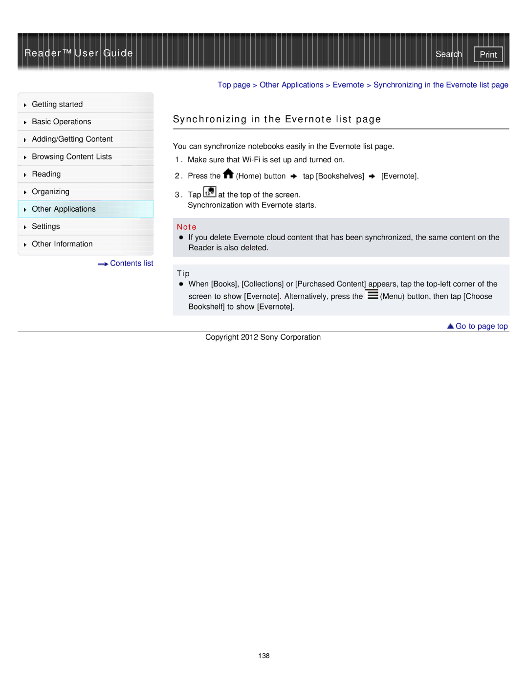 Sony PRST2WC, PRST2BC, PRS-T2 manual Synchronizing in the Evernote list, Tap 