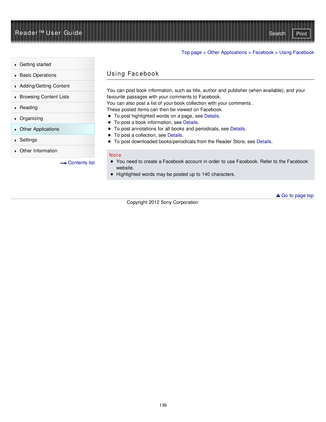 Sony PRST2BC, PRST2WC, PRS-T2 manual Using Facebook 