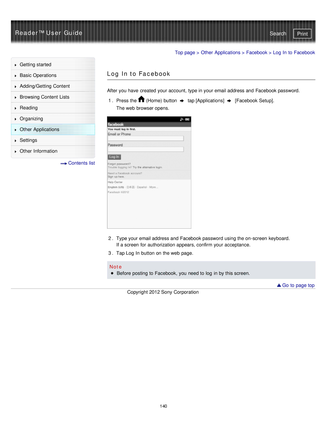 Sony PRS-T2, PRST2WC, PRST2BC manual Log In to Facebook 