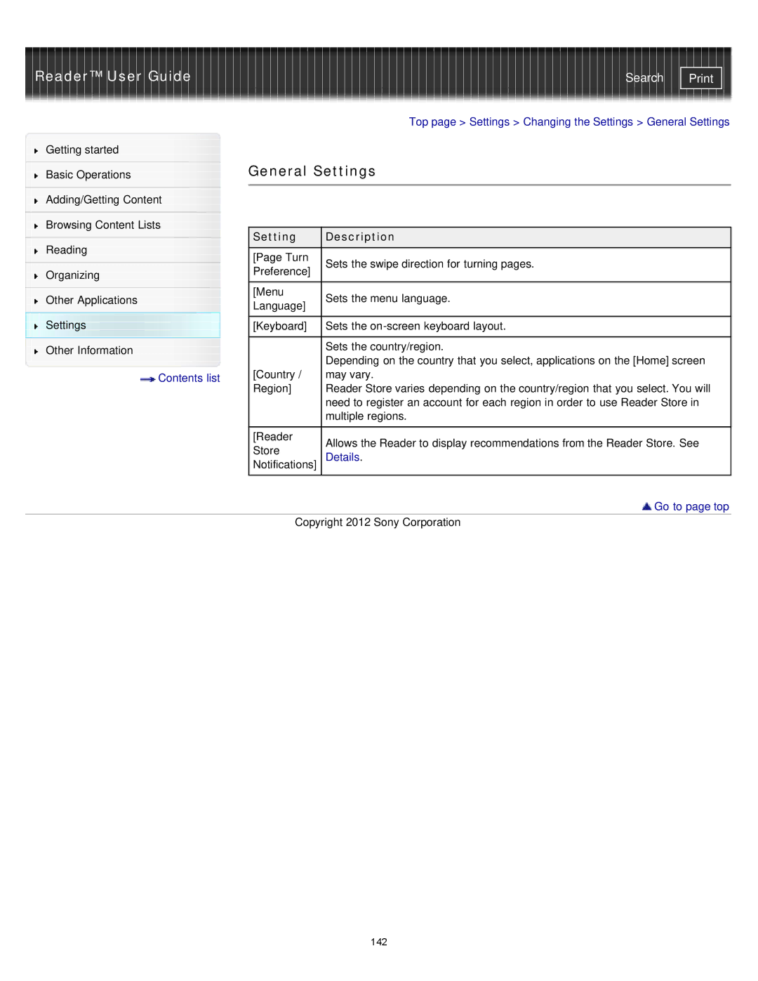 Sony PRST2BC, PRST2WC, PRS-T2 manual General Settings, Setting Description 