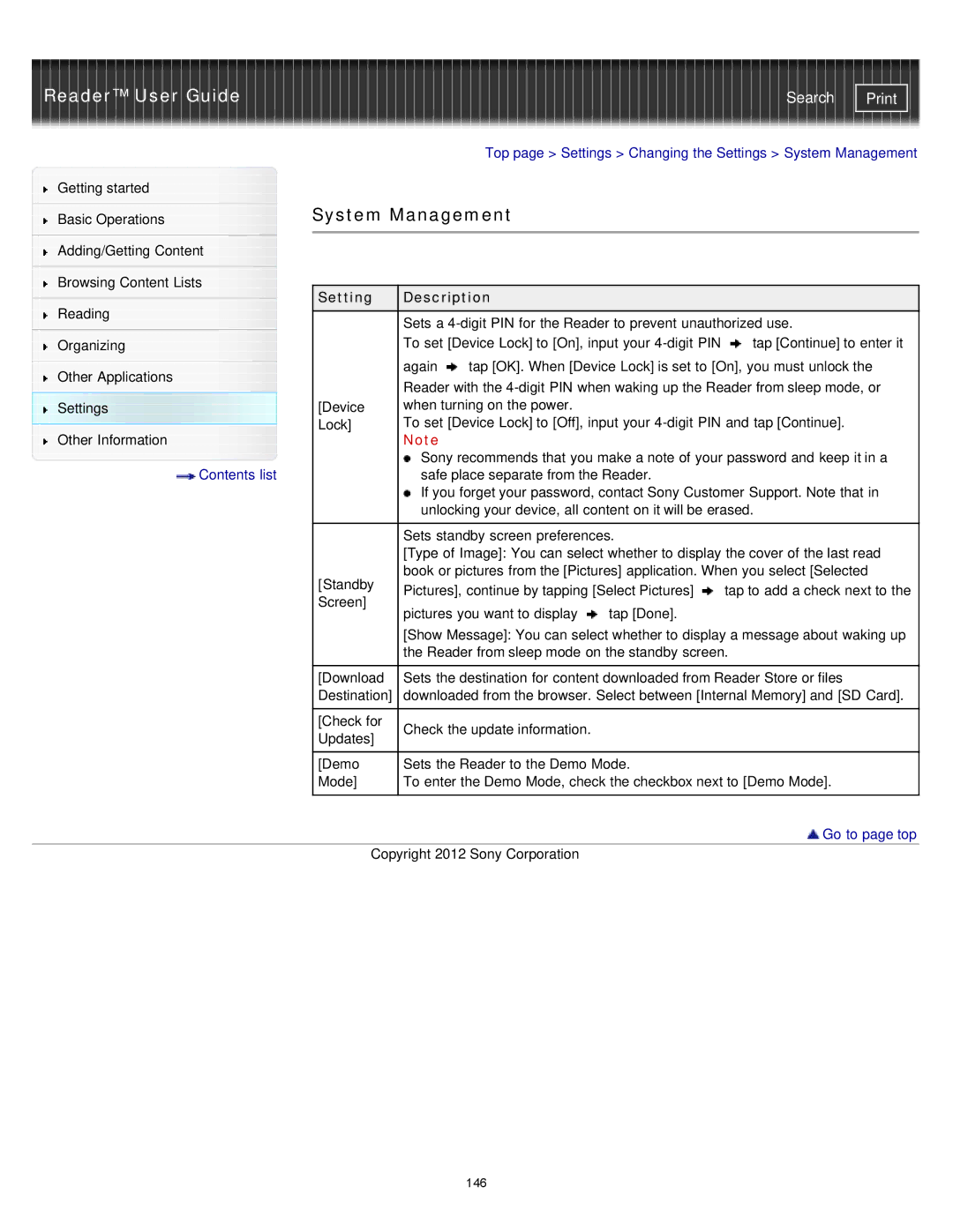 Sony PRS-T2, PRST2WC, PRST2BC manual System Management 