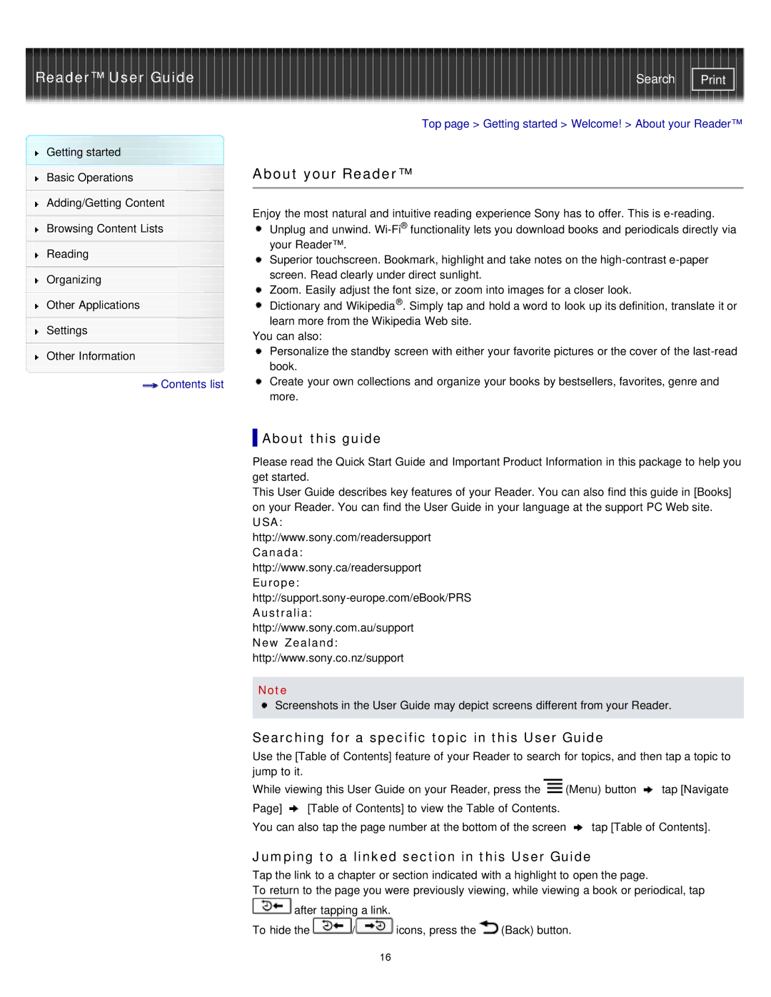 Sony PRST2BC, PRST2WC, PRS-T2 manual About your Reader, About this guide, Searching for a specific topic in this User Guide 