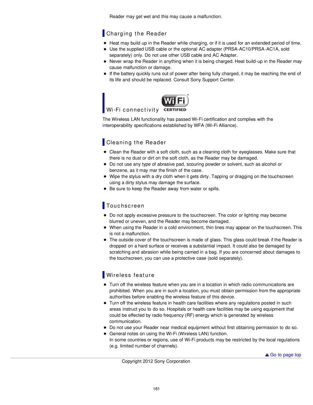 Sony PRS-T2, PRST2WC, PRST2BC manual Charging the Reader, Wi-Fi connectivity, Cleaning the Reader, Wireless feature 