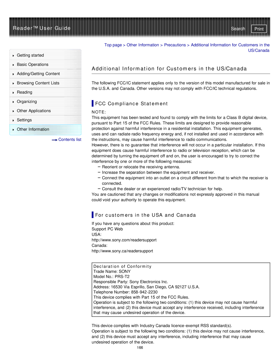 Sony PRST2BC Additional Information for Customers in the US/Canada, FCC Compliance Statement, Declaration of Conformity 