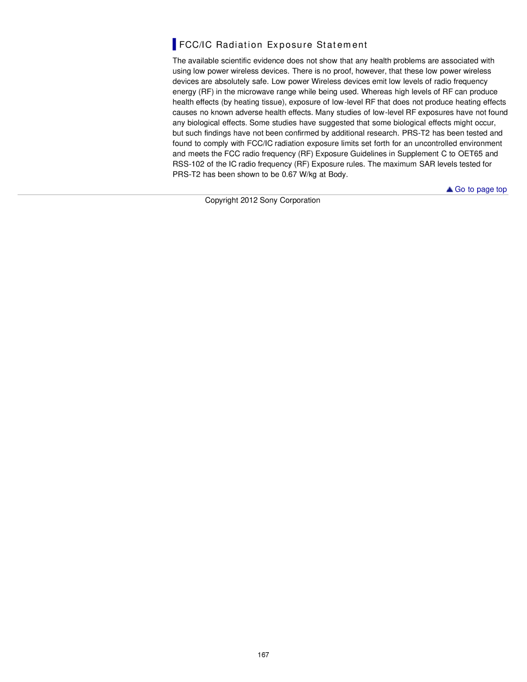 Sony PRS-T2, PRST2WC, PRST2BC manual FCC/IC Radiation Exposure Statement 