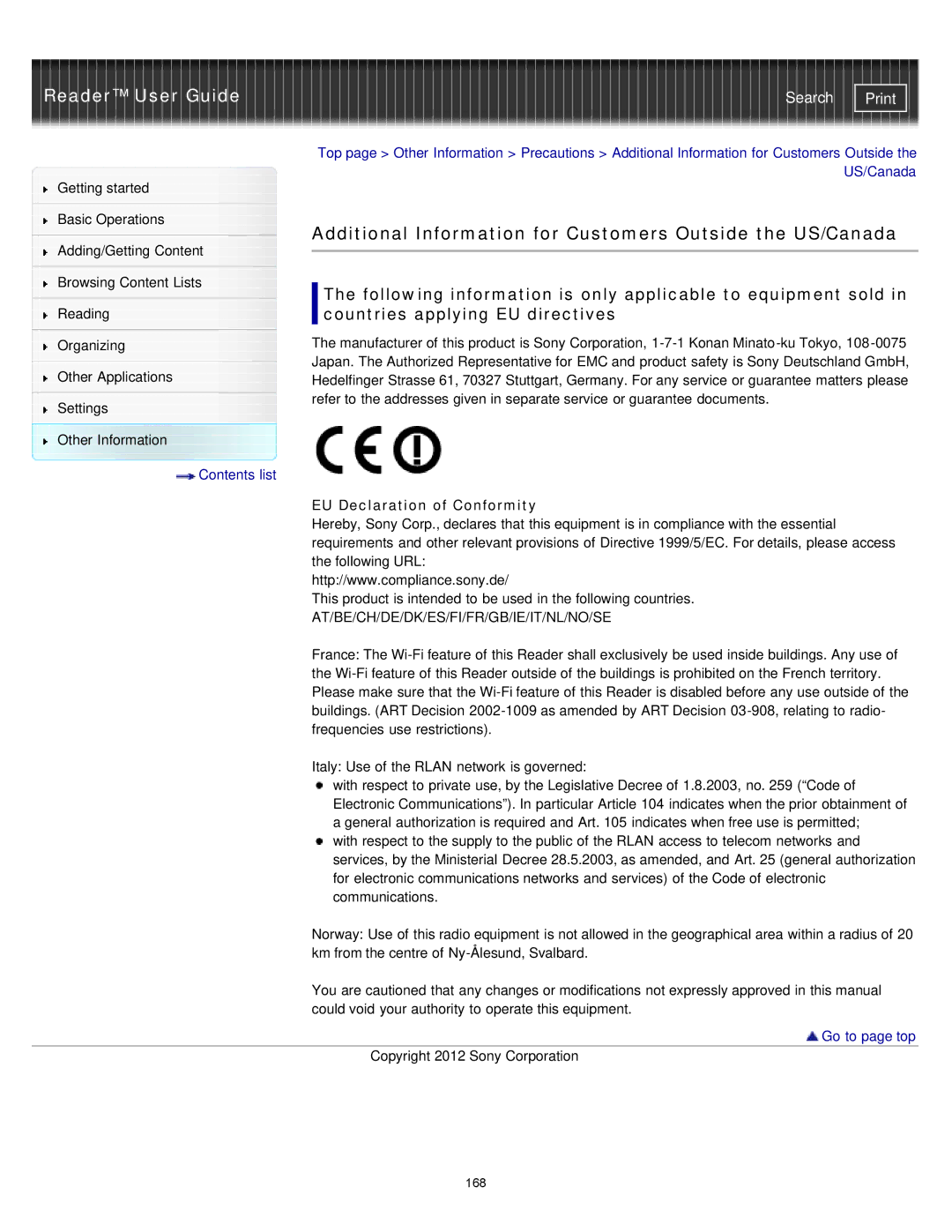 Sony PRST2WC, PRST2BC, PRS-T2 manual Additional Information for Customers Outside the US/Canada, EU Declaration of Conformity 