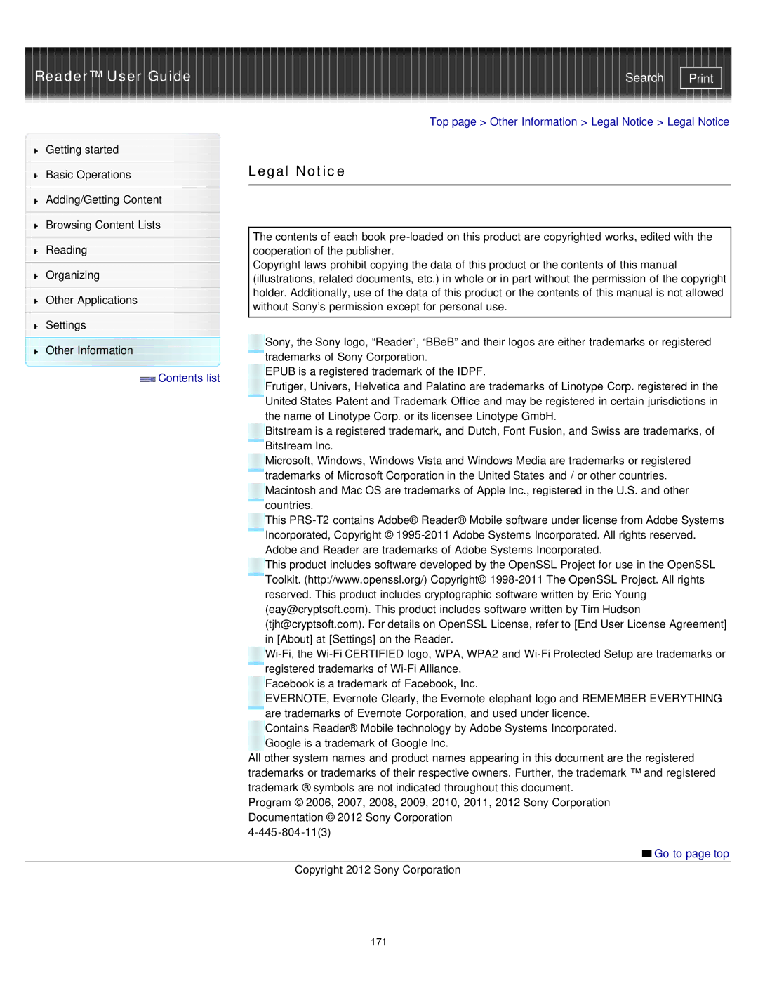 Sony PRST2WC, PRST2BC, PRS-T2 manual Legal Notice 