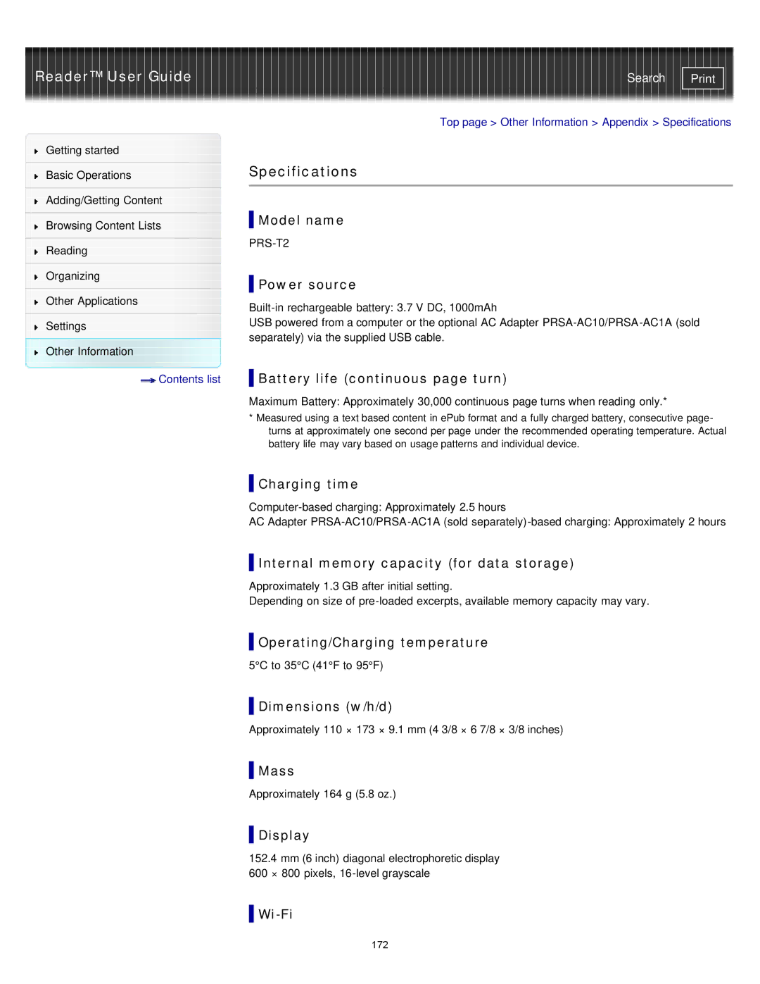 Sony PRST2BC, PRST2WC, PRS-T2 manual Specifications 