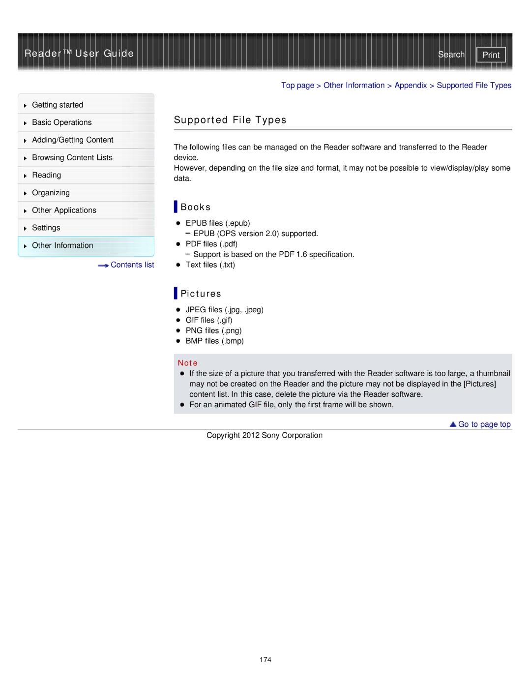 Sony PRST2WC, PRST2BC, PRS-T2 manual Supported File Types, Books, Pictures 