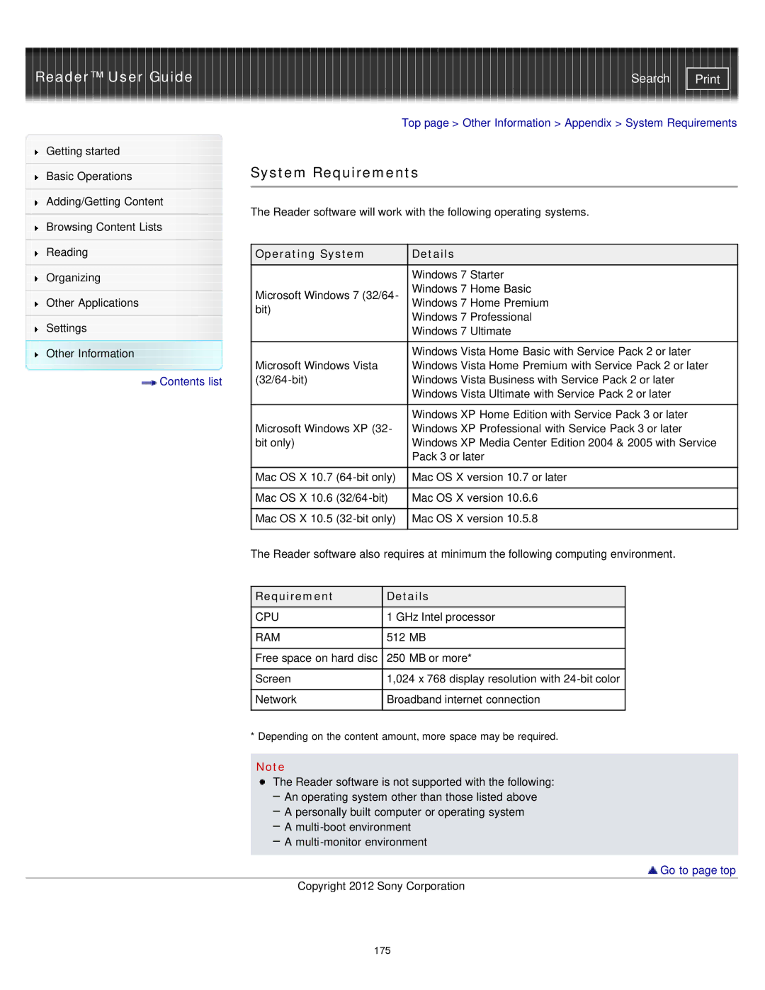 Sony PRST2BC, PRST2WC, PRS-T2 manual System Requirements, Operating System Details, Requirement Details 