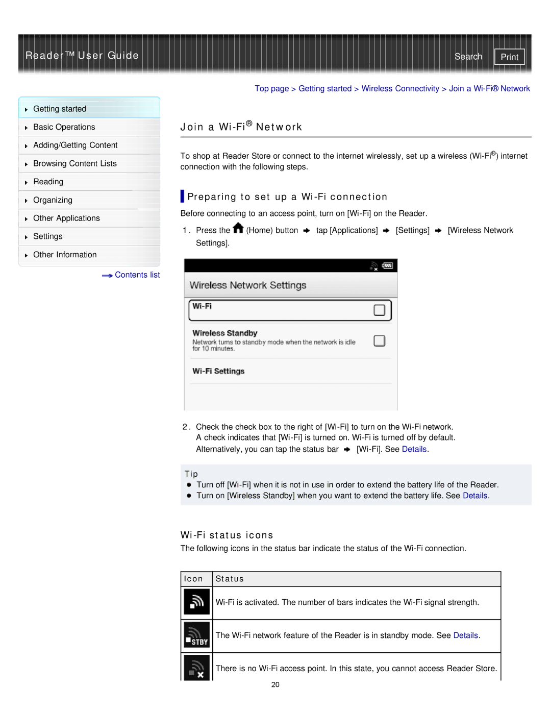 Sony PRS-T2, PRST2WC Join a Wi-FiNetwork, Preparing to set up a Wi-Fi connection, Wi-Fi status icons, Tip, Icon Status 