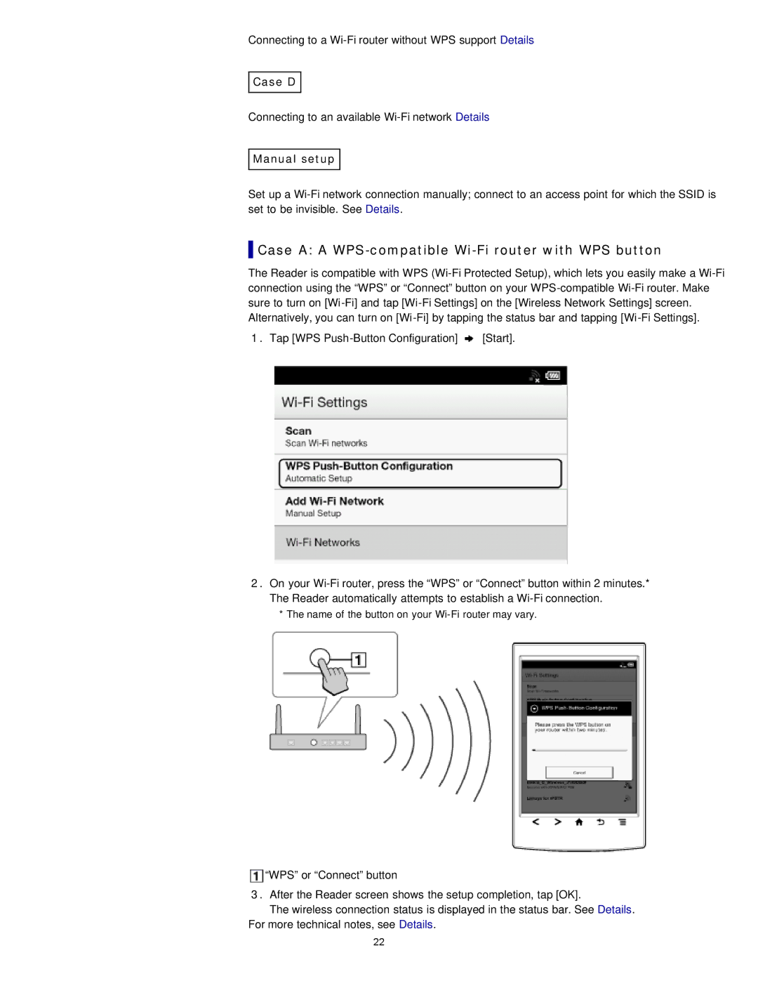 Sony PRST2BC, PRST2WC, PRS-T2 manual Case a a WPS-compatible Wi-Fi router with WPS button, Case D, Manual setup 