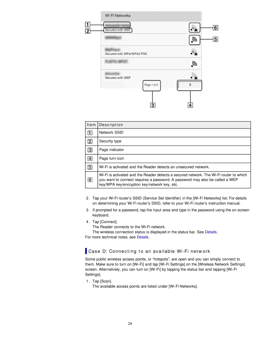 Sony PRST2WC, PRST2BC, PRS-T2 manual Case D Connecting to an available Wi-Fi network, Item Description 